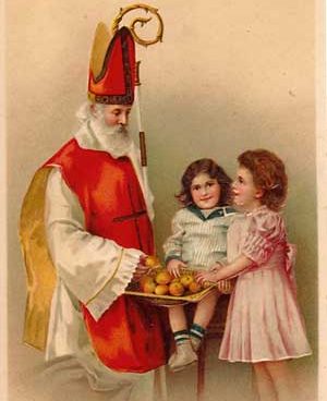 St. Nicholas with 2 children. They are sharing a basket of oranges.
