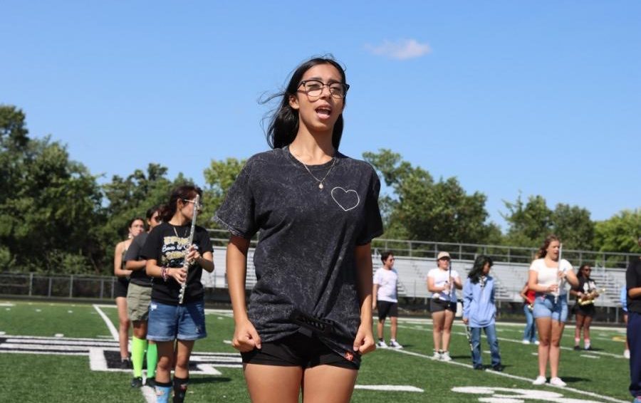 Drum Major Dana Solis during the EPMB Band Camp in early August. She’s perfecting her skills to lead the band.