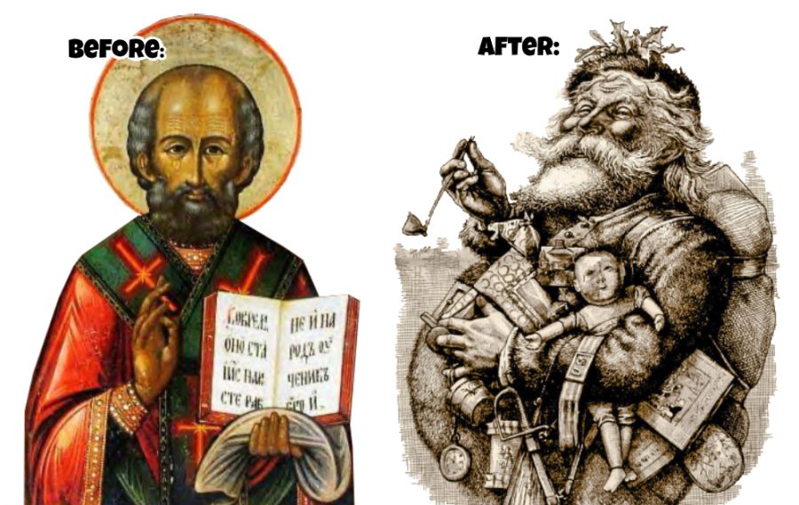 This image shows the before and after of Santa Claus. The before being St. Nicholas and the after being Santa closer to present time.
https://breaolindawildcat.com/wp-content/uploads/2020/12/New-Project-1-900x569.jpg