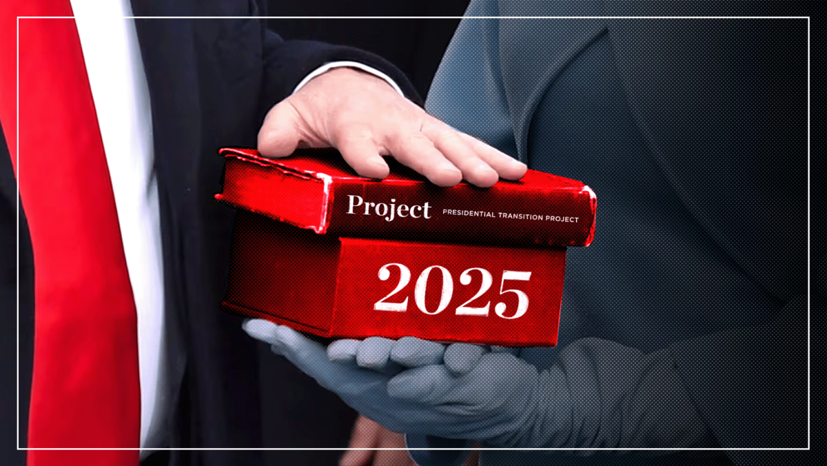 This photo is showing Trump placing his hand on Project 2025 instead of the bible. It was created to show that people believe him to be enforcing certain policies on the project.