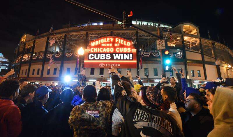 Cubs fans outside of Wrigley Field after a successful game 5 of the World Series. The Cubs went on to win game 6 and game 7 to win the World Series.