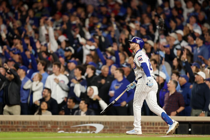 Cubs outfielder Ian Happ hitting a go ahead 3–run home run in game 4 of the NLDS against the Brewers. The Cubs went on to win this game but lose the next in Milwaukee to end their season.
